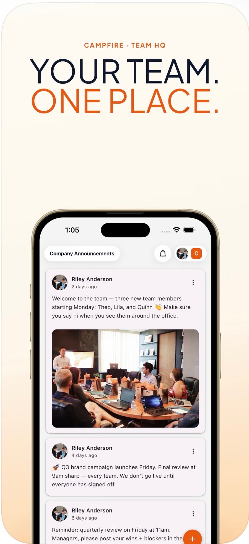 Campfire team announcements feed on iPhone